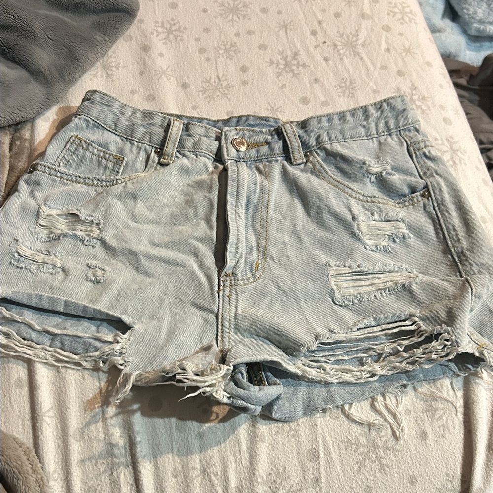 Distressed Light Blue Denim Shorts